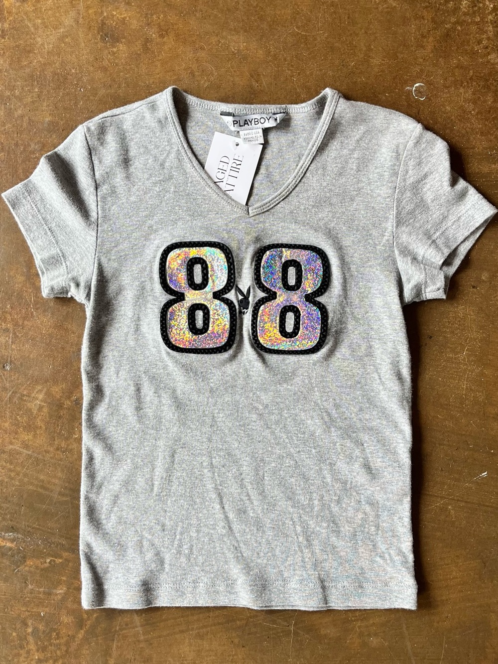 Vintage Playboy Bunny Gray Fitted Metallic 88 Sporty Fitted Baby Tee M/L Y2K 90s